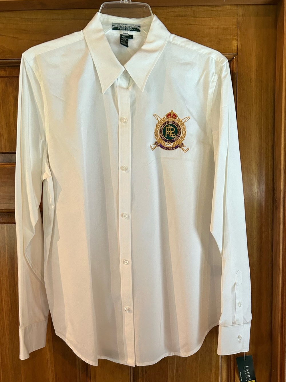 Lauren Ralph Lauren White Button-Down Shirt with Crest Embroidery